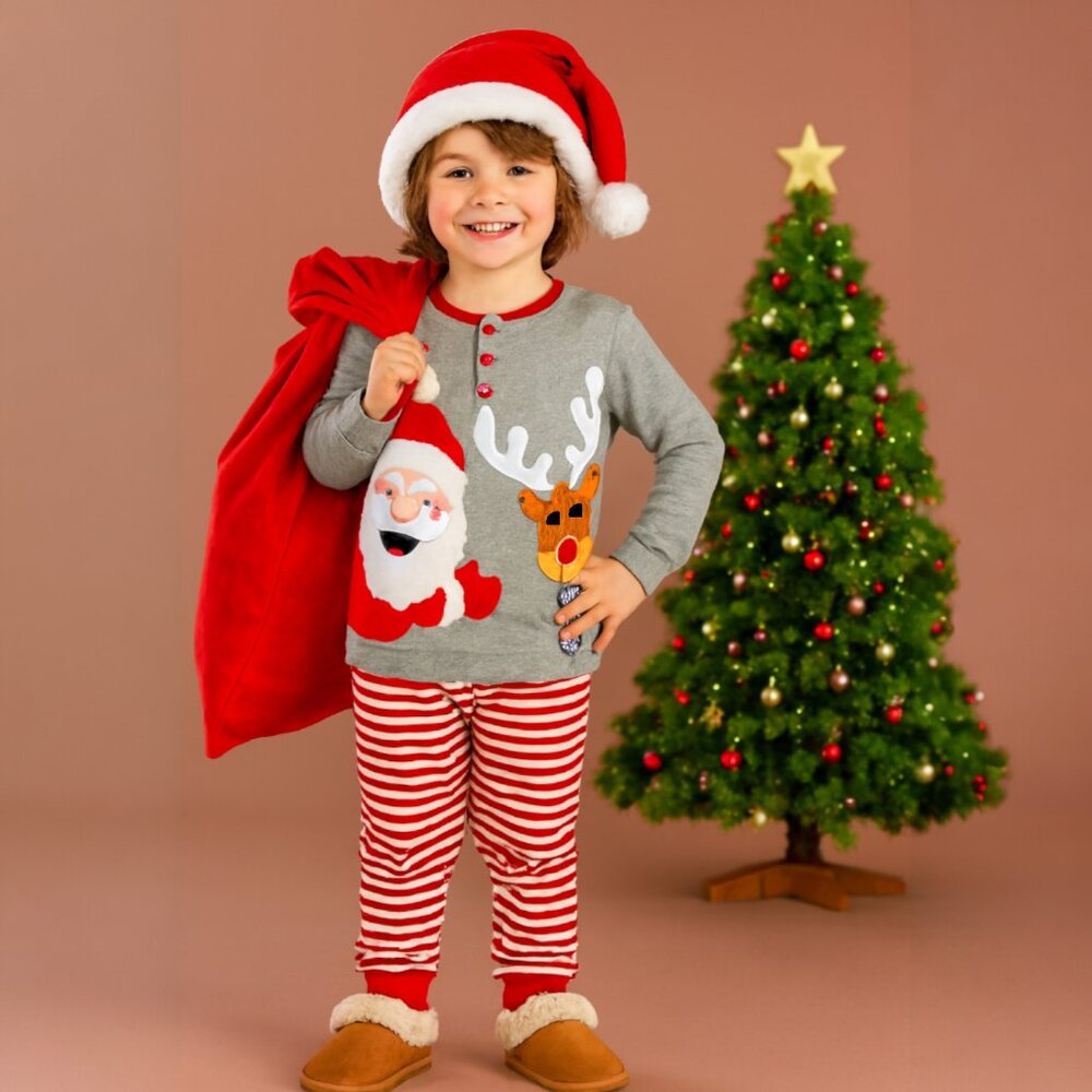 Kids Santa Reindeer Christmas Pajama Set – Festive Grey Top & Red Striped Pants